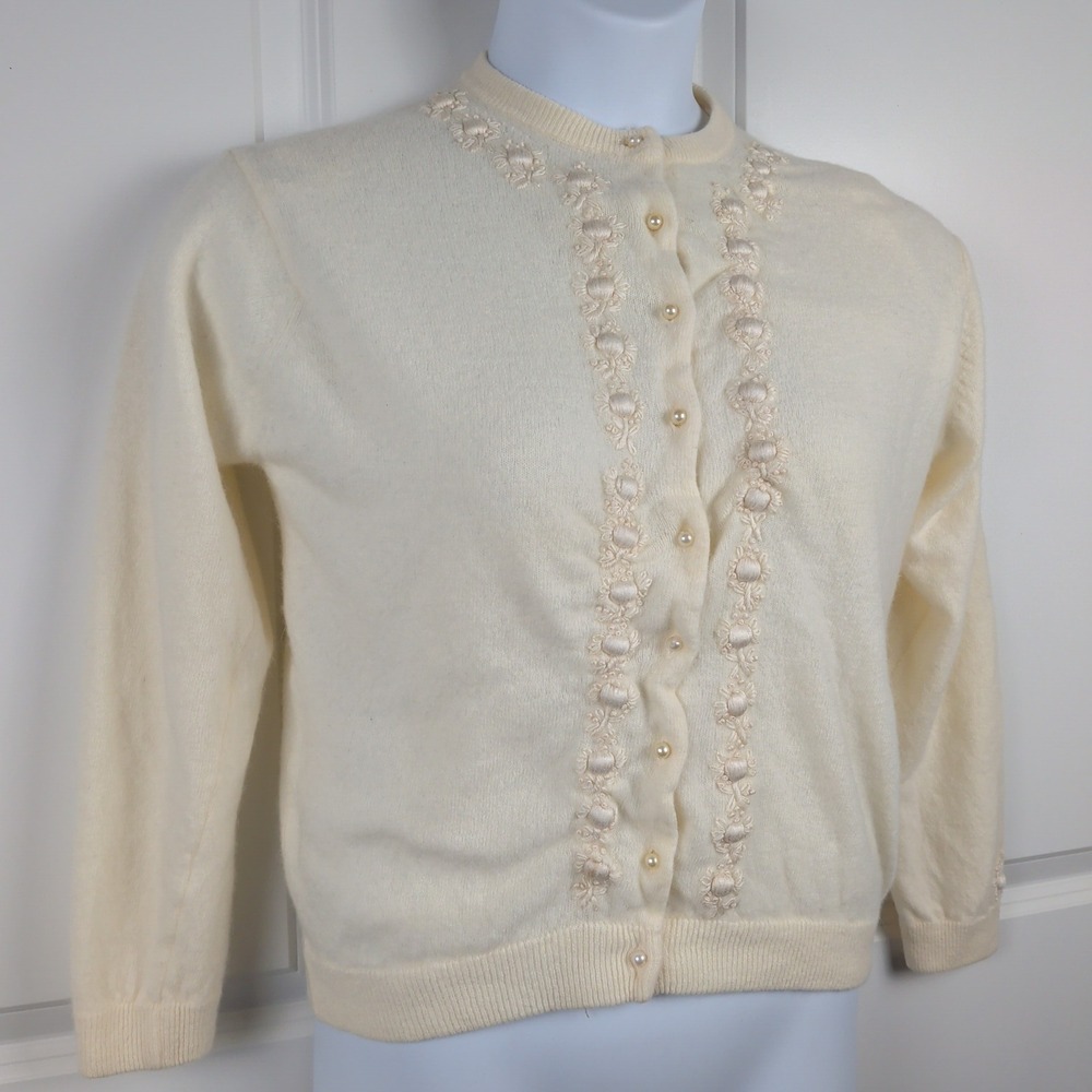 Vintage Angora Cashmere Cardigan Cream Pearl Floral Embroidered Hong Kong